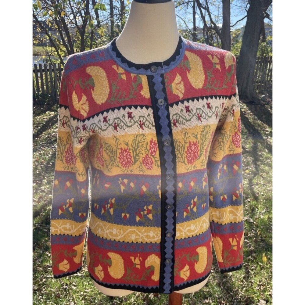 Vintage First Issue 100% Cotton Floral Knit Cardigan Sweater With Full Button Fr